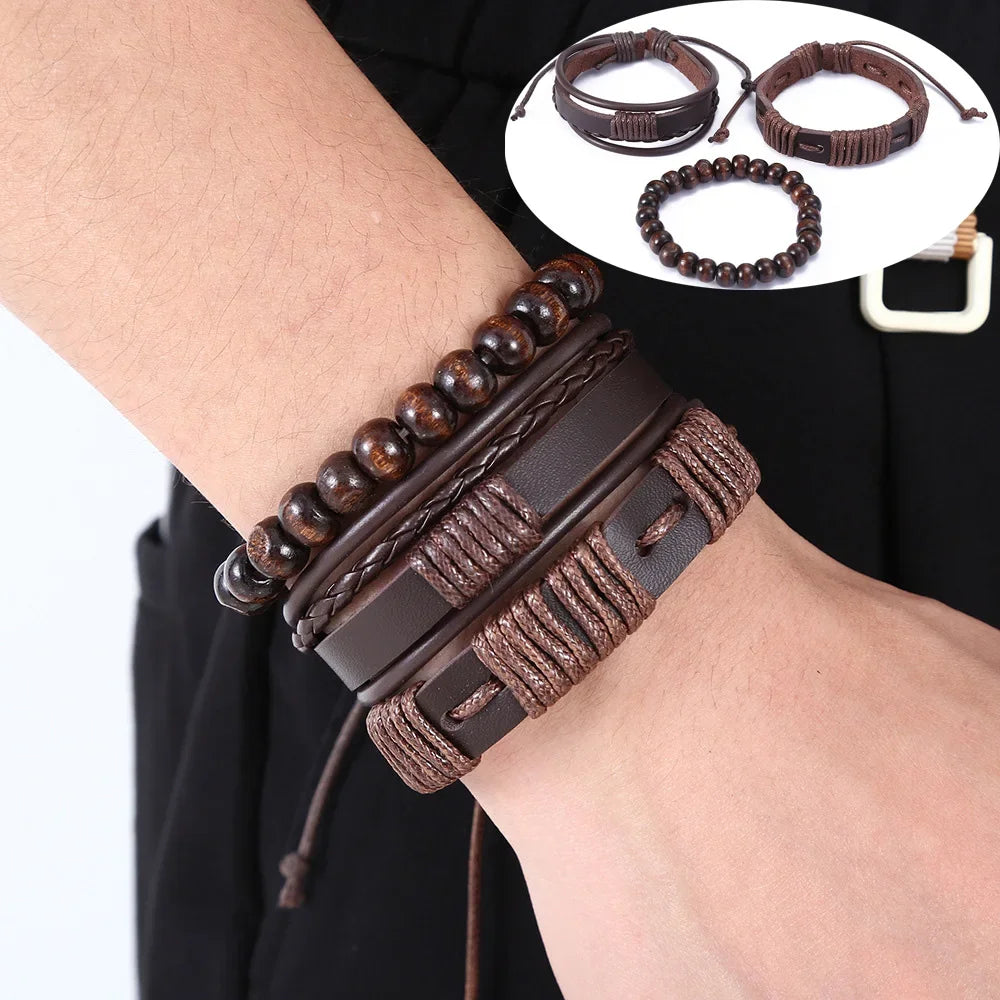 3-4pcs Vintage Leather Bracelet Set for Men – Tree of Life & Beaded Wrap Bangles