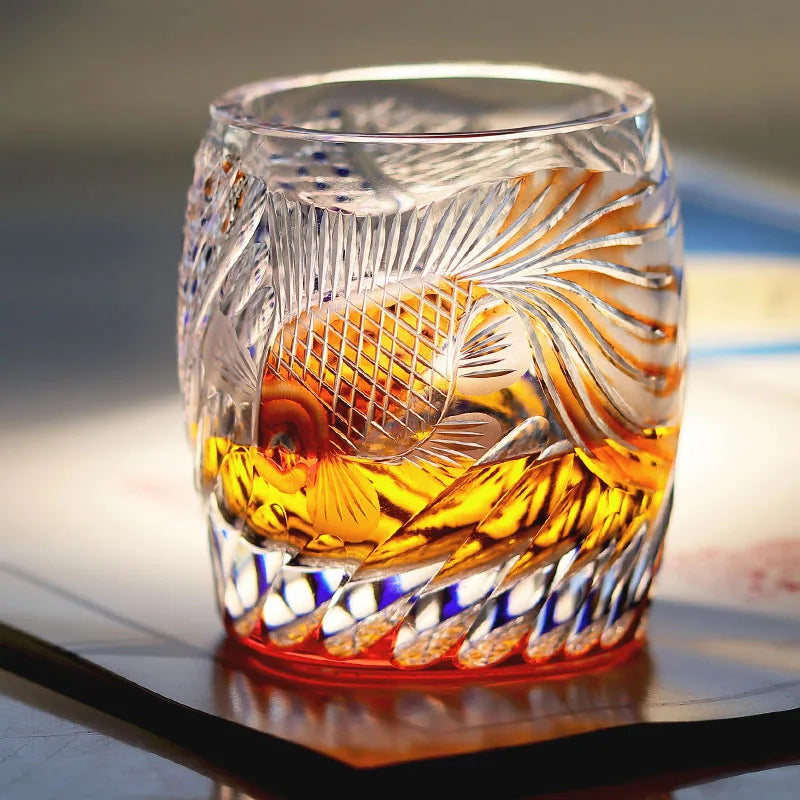 Japanese Edo Kiriko Goldfish Design Pure Hand-carved Whisky Glass With Exquisite Package
