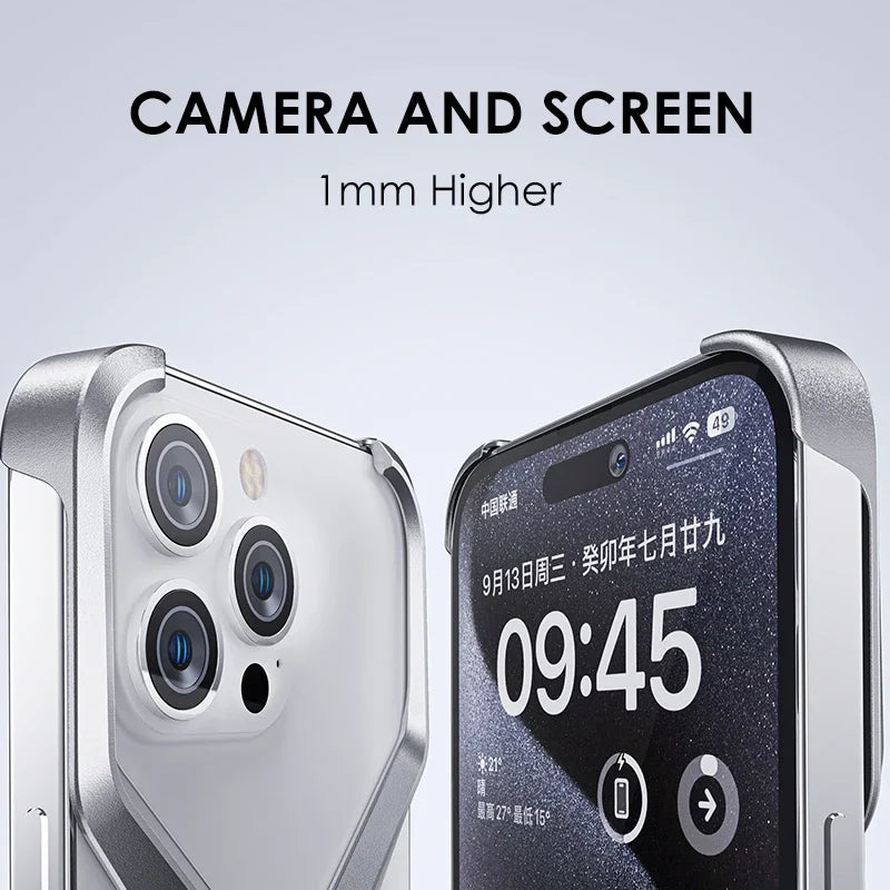 Metal Rimless Phone Case for iPhone 13, 14, 15, 16 Pro Max – Heat Dissipating Aluminum Armor Cover