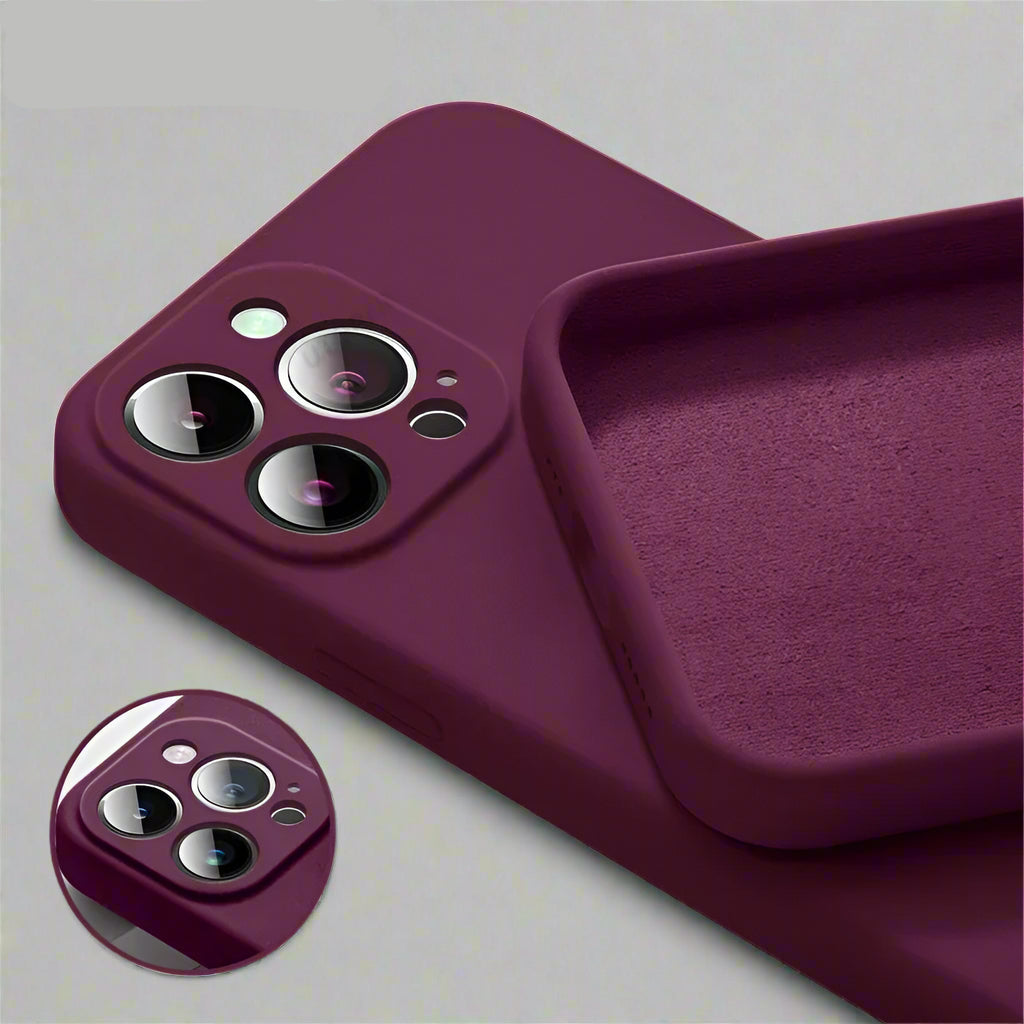 A solid purple silicone phone case for iPhone 15 & 16 series, showcasing the camera protection feature.