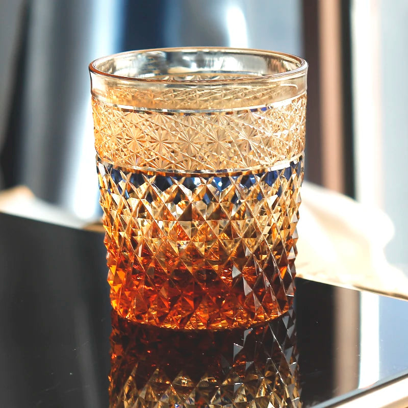 MGS Hand Cut Glass Edo Kiriko Glass Thick Wall Whisky Drinking Amber Color 8.8oz Glass