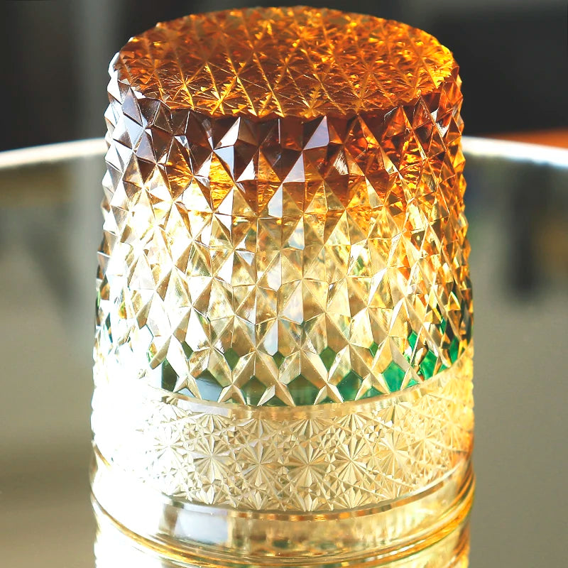 MGS Hand Cut Glass Edo Kiriko Glass Thick Wall Whisky Drinking Amber Color 8.8oz Glass