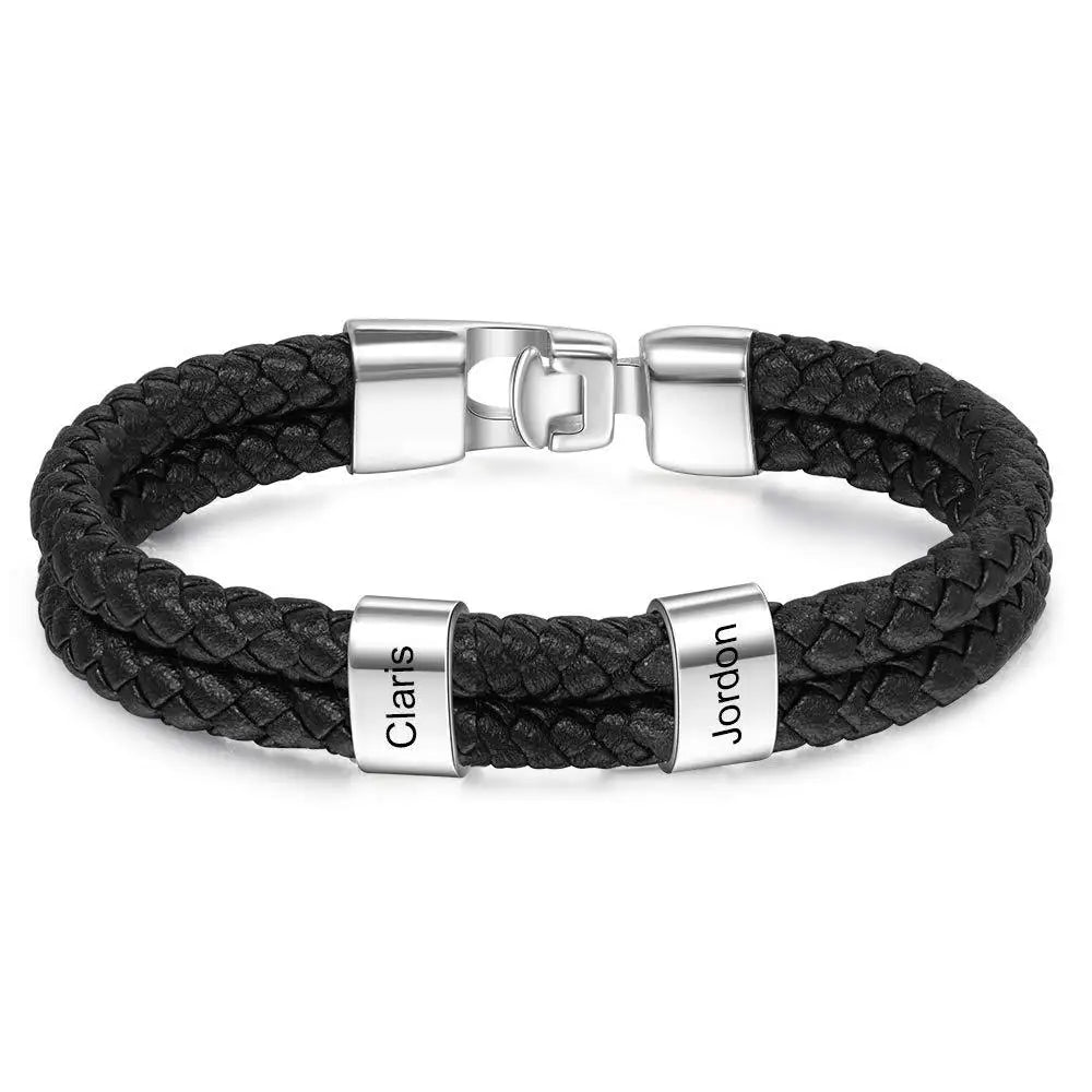 Custom Family Name Bracelet for Men – Engraved Black Leather Stainless Steel Gift