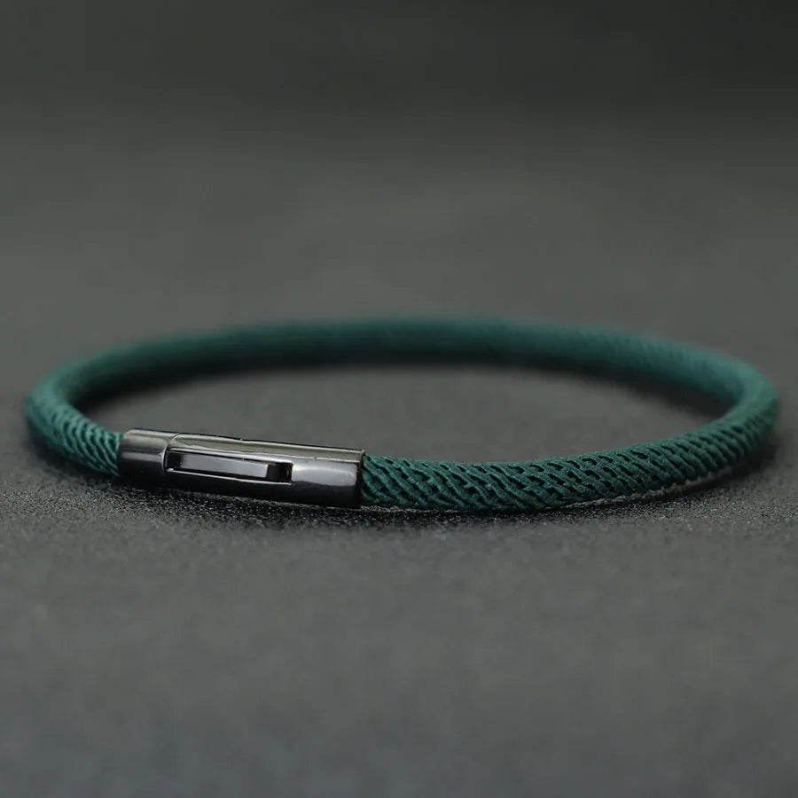 Minimalist Braided Fabric Bracelet with Secure Stainless Steel Snap Clasp Bangle, Custom Fit Green Woven Lucky Protection Jewelry Gift