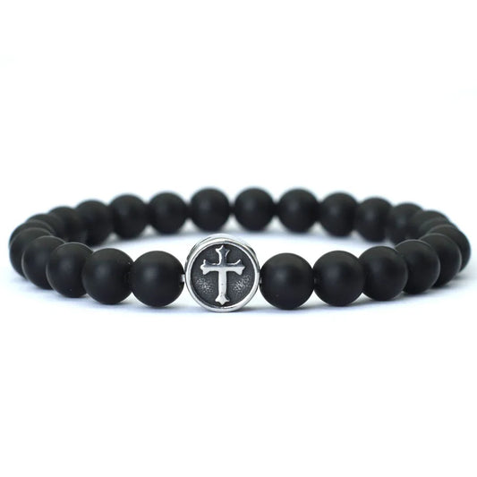 Pulsera minimalista de cuentas cruzadas para hombre: piedra natural y acero inoxidable