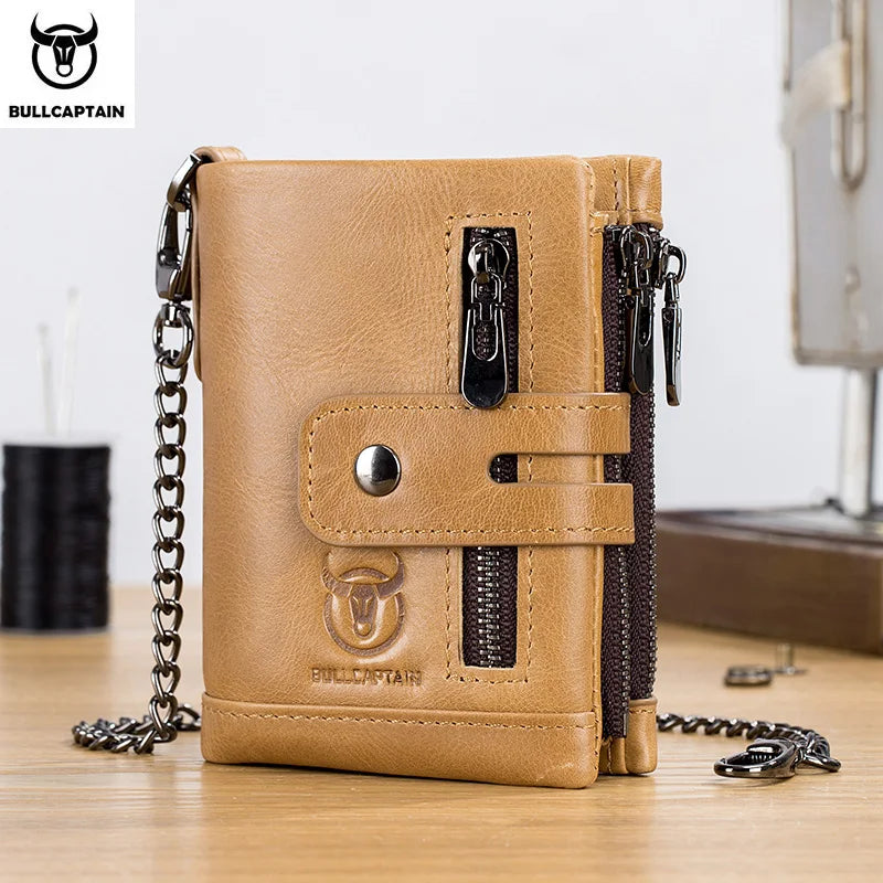 Original Bullcaptain Men’s Genuine Leather RFID Wallet with Chain and Travel-Ready Design
