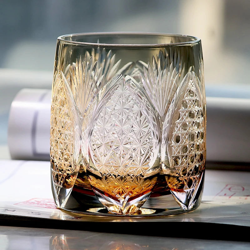 Edo Kiriko Whiskey Glass 310ml Amber Grey with Gift Box – Handcrafted Japanese Cut Glass for Bourbon, Scotch & Cocktails