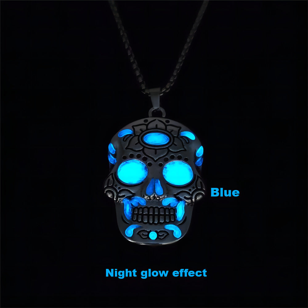 Luminous Skull Necklace with Day of the Dead Design – Halloween Glow Jewelry