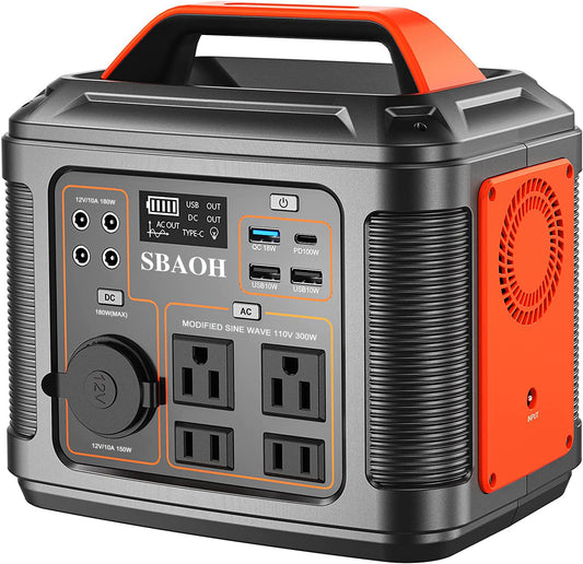Original SBAOH P302 Portable Power Station – 300W 296Wh Backup Lithium Battery with 13 Outputs and Emergency Flashlight