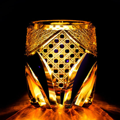 Luxury Edo Kiriko Samurai Whiskey Glass – Hand-Cut Japanese Black Warrior Armor Rock Glass with Amber Crystal Accents