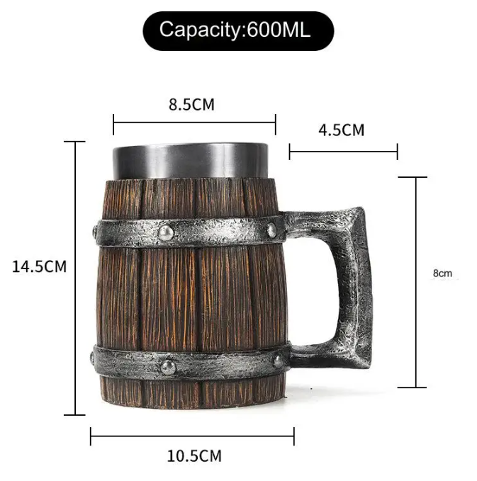 MGS Premium Wooden Barrel Beer Mug: Large-Capacity Stainless Steel Design