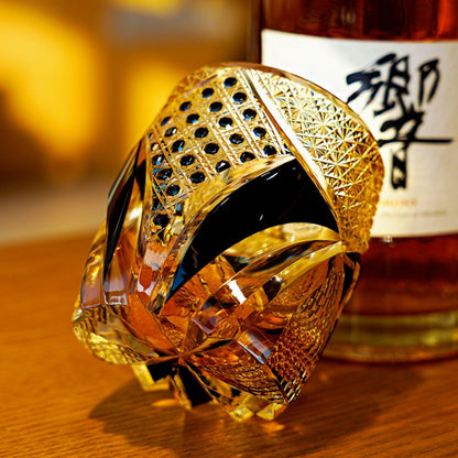 Luxury Edo Kiriko Samurai Whiskey Glass – Hand-Cut Japanese Black Warrior Armor Rock Glass with Amber Crystal Accents