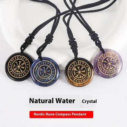 Nordic Rune Compass Crystal Pendant – Carved Amethyst, Obsidian, or Tiger’s Eye
