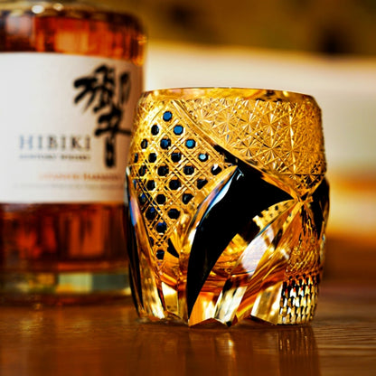 Luxury Edo Kiriko Samurai Whiskey Glass – Hand-Cut Japanese Black Warrior Armor Rock Glass with Amber Crystal Accents