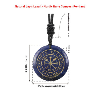 Nordic Rune Compass pendant with measurements on a white background