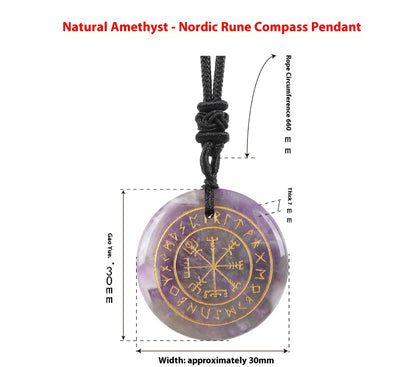 Nordic Rune Compass Crystal Pendant – Carved Amethyst, Obsidian, or Tiger’s Eye