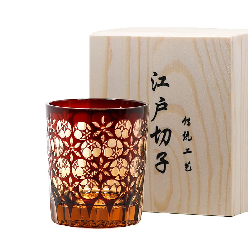 Japanese Style Edo Kiriko Drinkware Hand Cut To Clear Whiskey Glass (8.45oz) Tumble With Gift Box