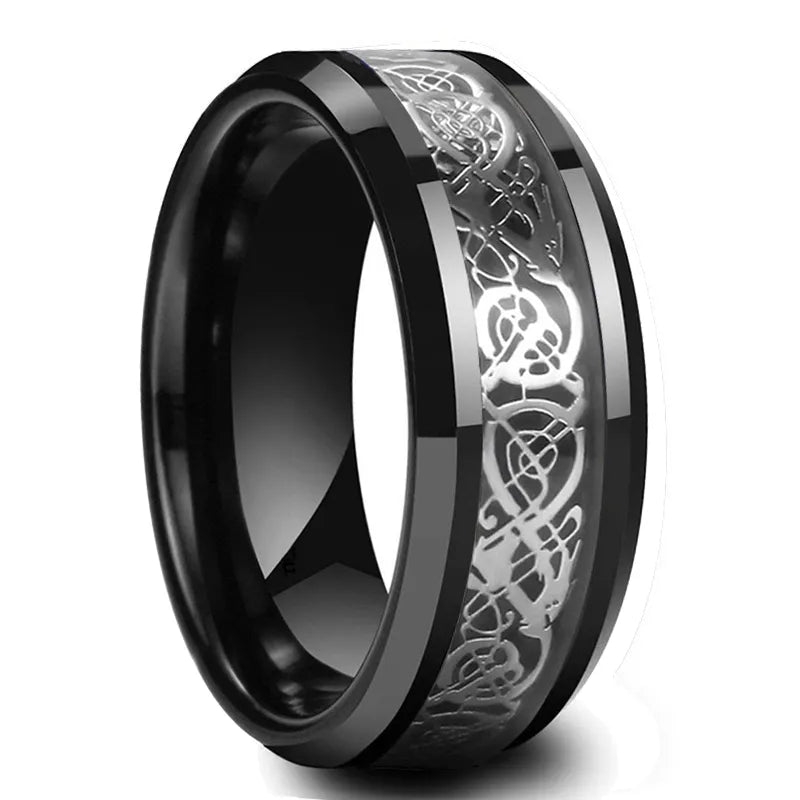 Stylish 8mm Stainless Steel Celtic Dragon Ring for Men - Featuring Red Groove, Zircon Inlay, Carbon Fiber, and Beveled Edge - Man Gifts Shop