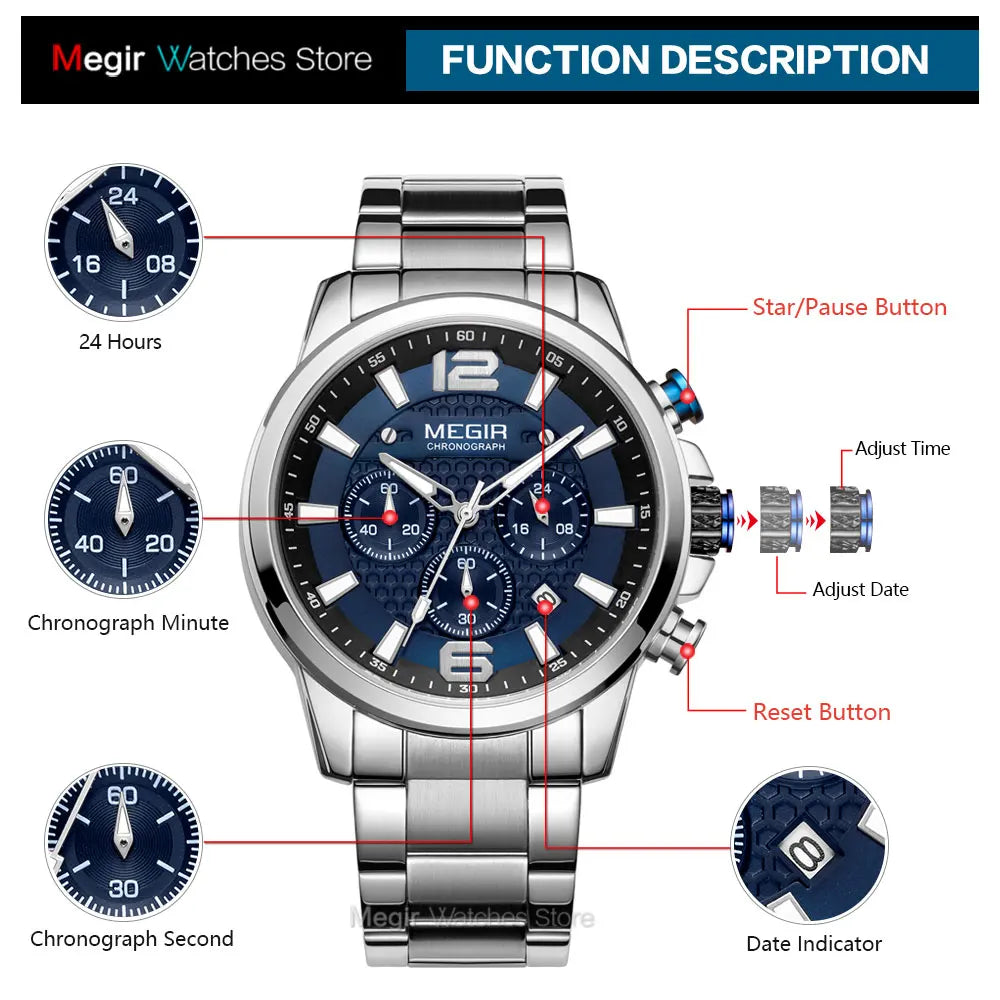 Original MEGIR 2020 Luxury Watch Stainless Steel Waterproof Luminous Blue Sports Chronograph Quartz - Man Gifts Shop