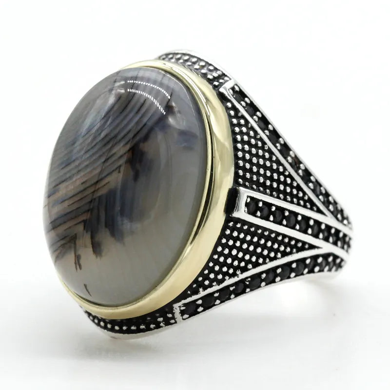 Unleash the Power of Gemstones: Men's Sterling Silver Ring with Big Natural Agate Stone - Man Gifts Shop