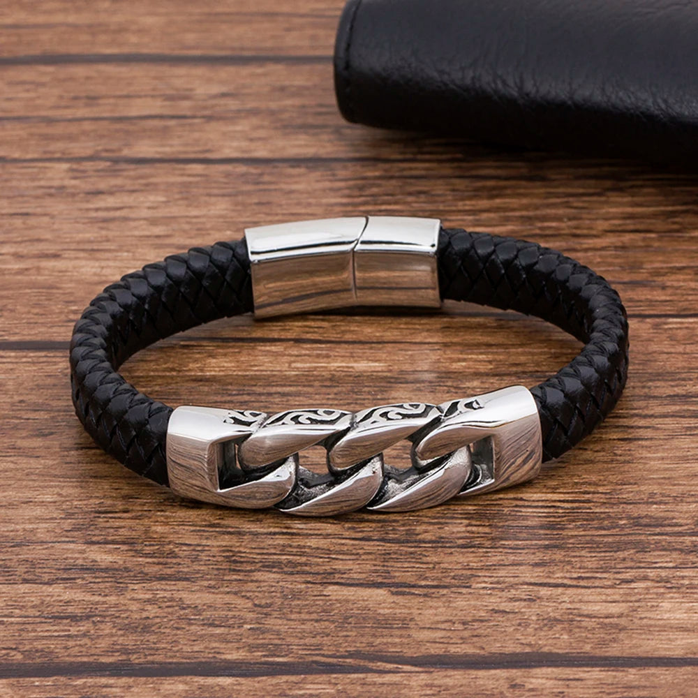 MGS Stainless Steel Charm Genuine Black Leather Men's Bracelet - Man Gifts Shop