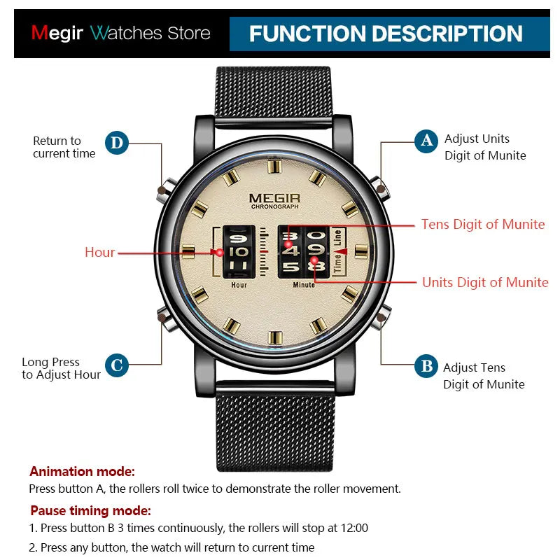 Original MEGIR Luxury Roller Pointer Quartz Stainless Steel Mesh Strap Wristwatch - Man Gifts Shop