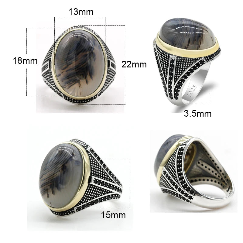 Unleash the Power of Gemstones: Men's Sterling Silver Ring with Big Natural Agate Stone - Man Gifts Shop