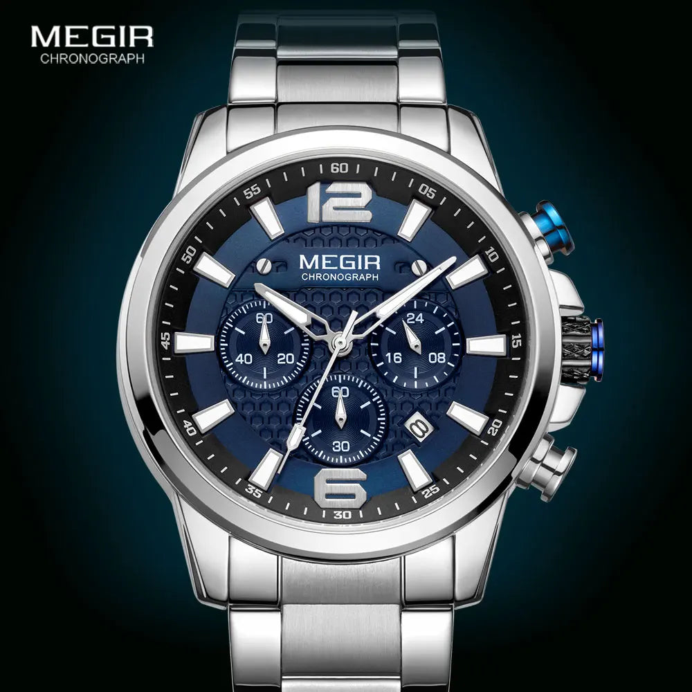 Original MEGIR 2020 Luxury Watch Stainless Steel Waterproof Luminous Blue Sports Chronograph Quartz - Man Gifts Shop