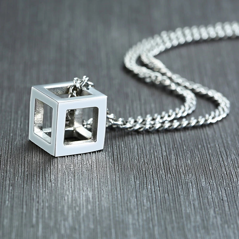 Forge Your Style: Men's Stainless Steel Cube Pendant Necklace with Curb Chain - Man Gifts Shop