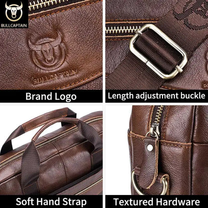 Original BULLCAPTAIN Men's Genuine Leather Laptop Briefcase – 14" Business Messenger Bag