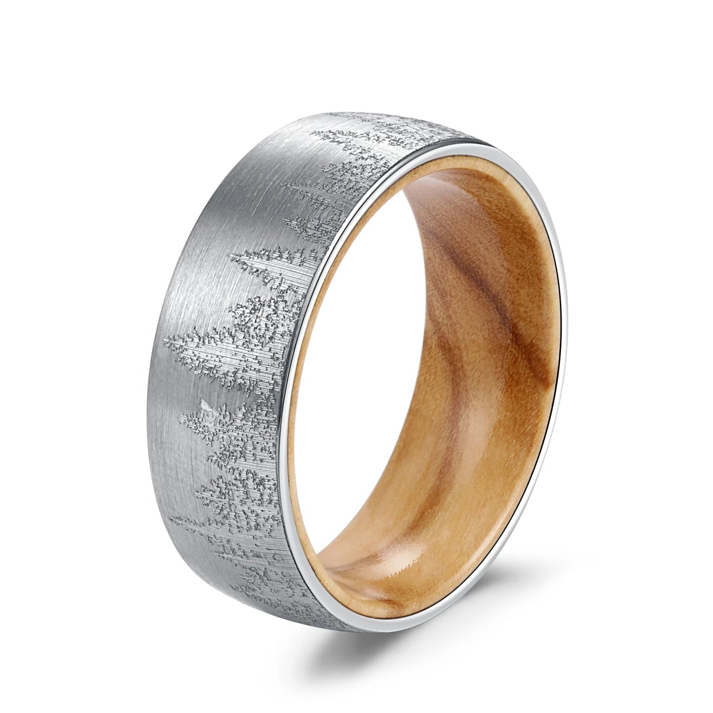 Nature's Symphony: MGS 8mm Tungsten Steel Ring with Laser Forest Pattern and Solid Wood Inner in Black Steel - Man Gifts Shop