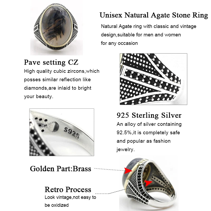 Unleash the Power of Gemstones: Men's Sterling Silver Ring with Big Natural Agate Stone - Man Gifts Shop