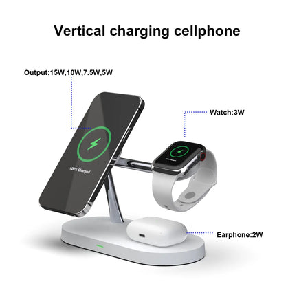 3-in-1 Magnetic Wireless Charger Stand for iPhone 12-15, Apple Watch 5-9, AirPods Pro – Fast Charging Station with LED Light