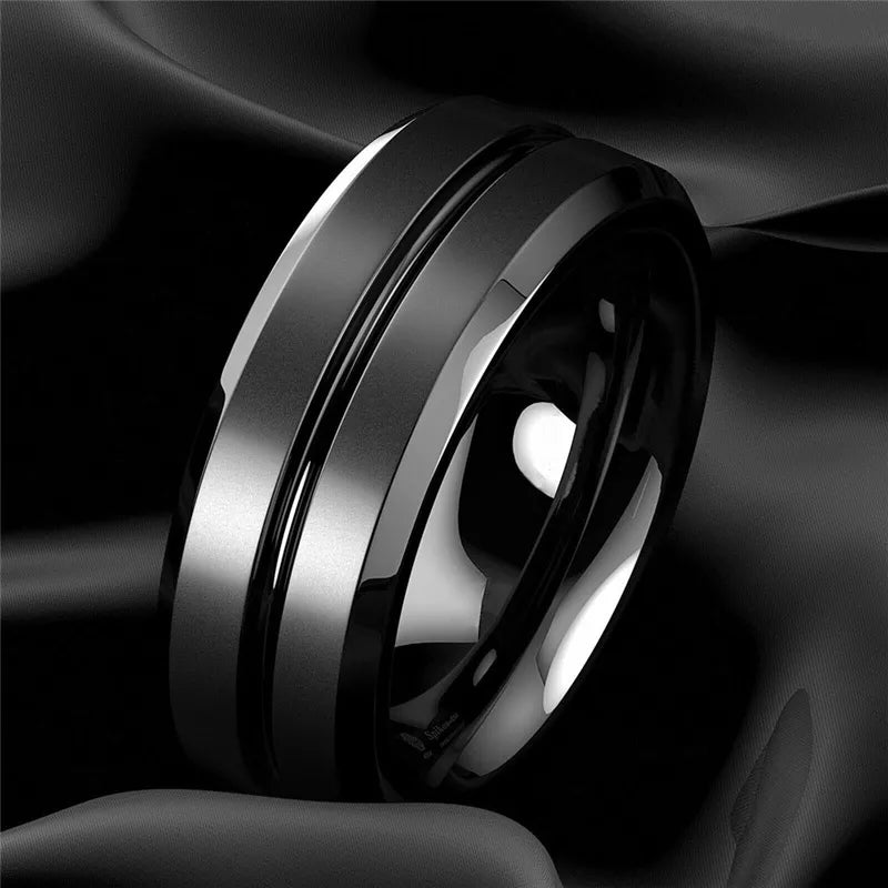 MGS Stylish 8mm Matte Stainless Steel Men's Ring with Black Groove - Man Gifts Shop