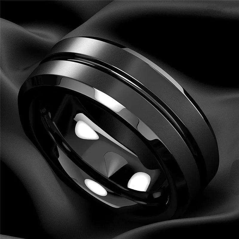 MGS Stylish 8mm Matte Stainless Steel Men's Ring with Black Groove - Man Gifts Shop