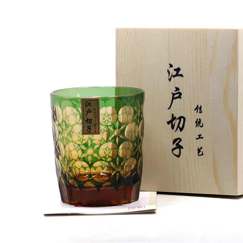 Japanese Style Edo Kiriko Drinkware Hand Cut To Clear Whiskey Glass (8.45oz) Tumble With Gift Box