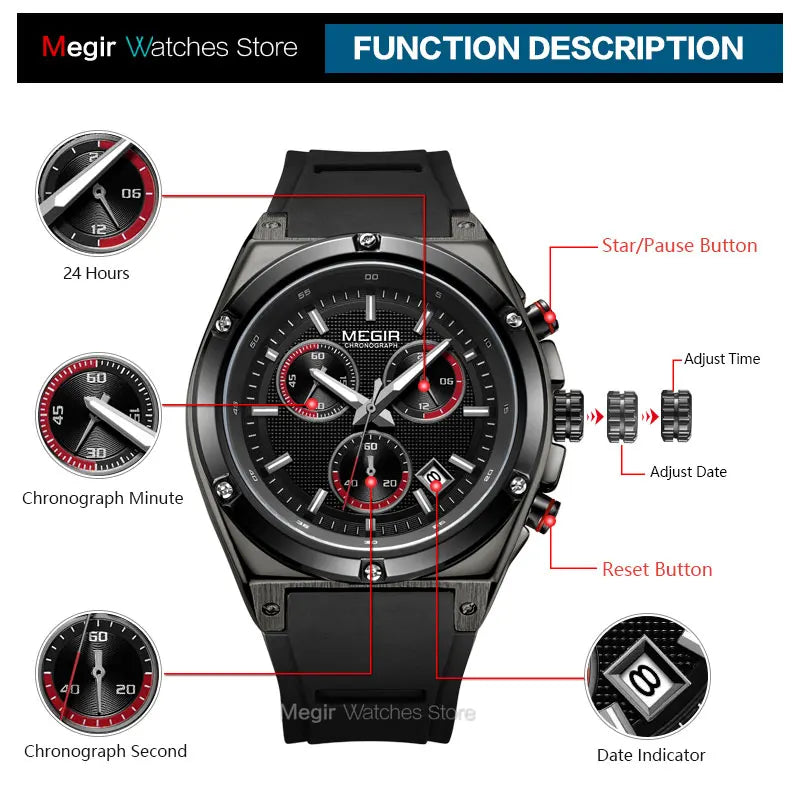 Original MEGIR Black Silicone Sports Quartz Wrist Watch - Man Gifts Shop