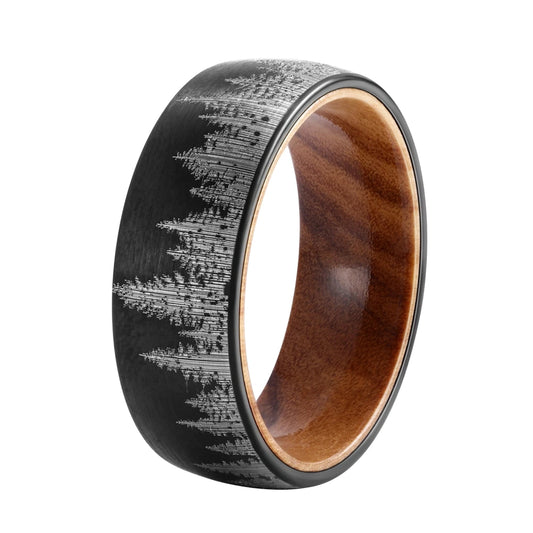 Nature's Symphony: MGS 8mm Tungsten Steel Ring with Laser Forest Pattern and Solid Wood Inner in Black Steel - Man Gifts Shop