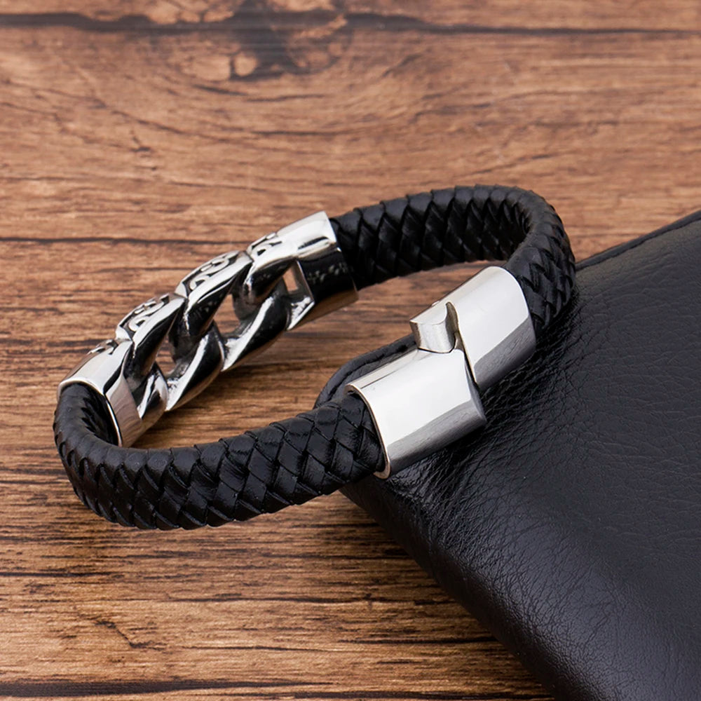 MGS Stainless Steel Charm Genuine Black Leather Men's Bracelet - Man Gifts Shop