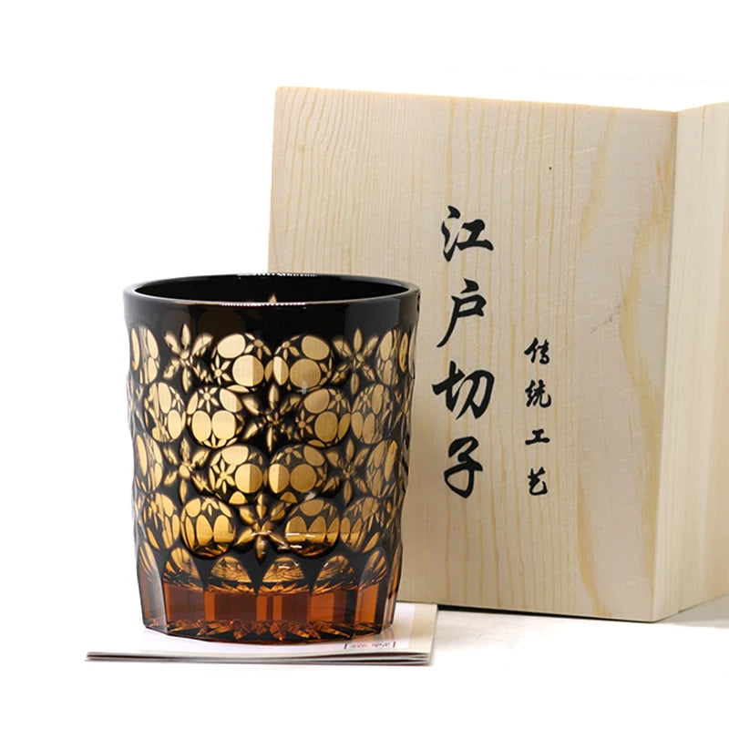 Japanese Style Edo Kiriko Drinkware Hand Cut To Clear Whiskey Glass (8.45oz) Tumble With Gift Box