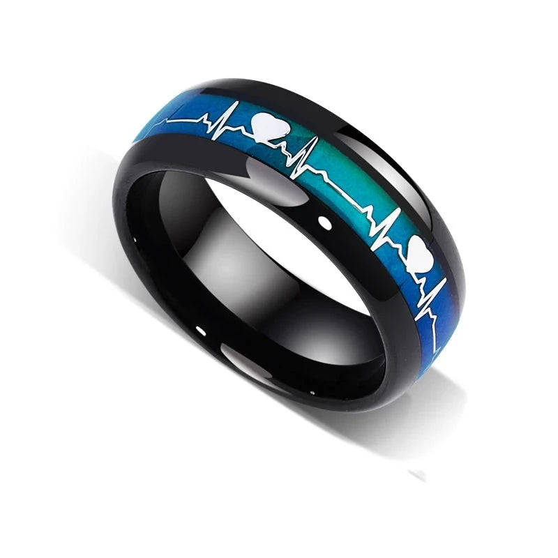 Heartbeat of Style: 8mm Black Tungsten Carbide Ring with Temperature-sensitive Color and Heart Beating Pattern