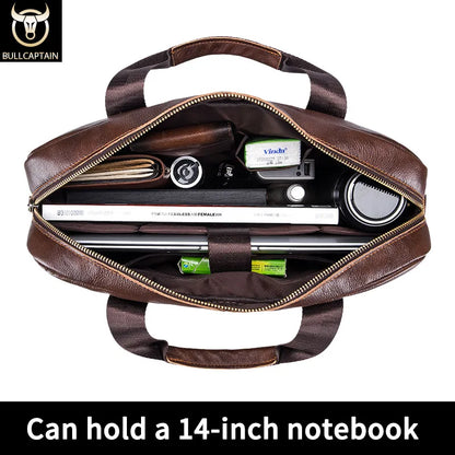 Original BULLCAPTAIN Men's Genuine Leather Laptop Briefcase – 14" Business Messenger Bag