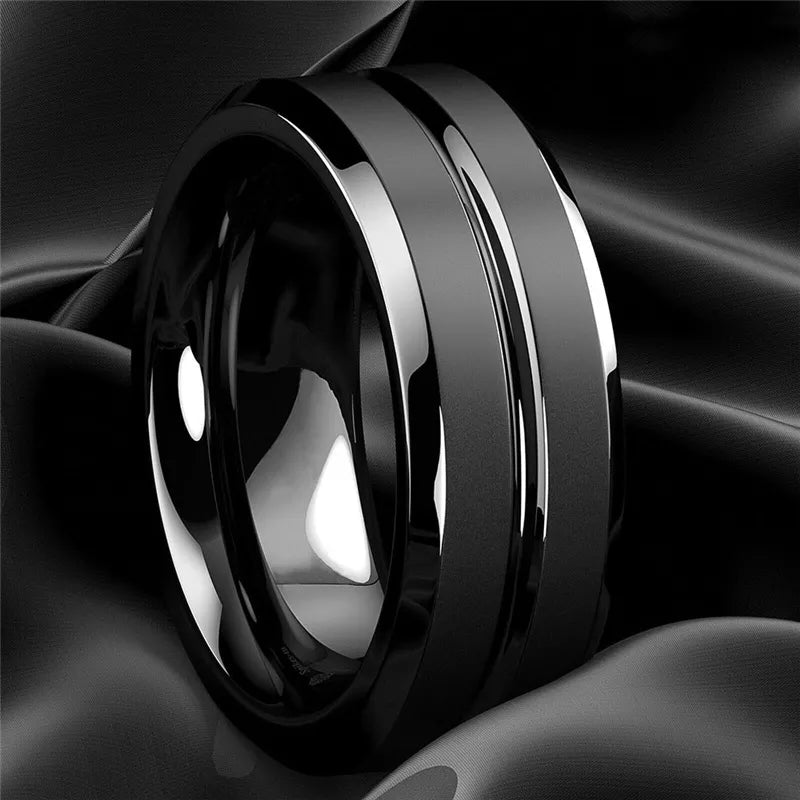 MGS Stylish 8mm Matte Stainless Steel Men's Ring with Black Groove - Man Gifts Shop