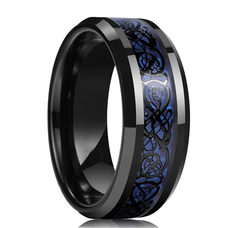 Stylish 8mm Stainless Steel Celtic Dragon Ring for Men - Featuring Red Groove, Zircon Inlay, Carbon Fiber, and Beveled Edge - Man Gifts Shop