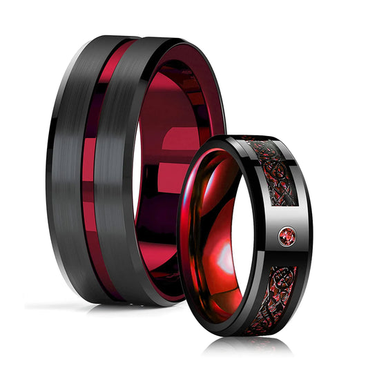 Stylish 8mm Stainless Steel Celtic Dragon Ring for Men - Featuring Red Groove, Zircon Inlay, Carbon Fiber, and Beveled Edge - Man Gifts Shop