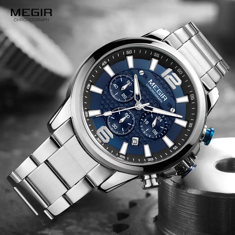 Original MEGIR 2020 Luxury Watch Stainless Steel Waterproof Luminous Blue Sports Chronograph Quartz - Man Gifts Shop