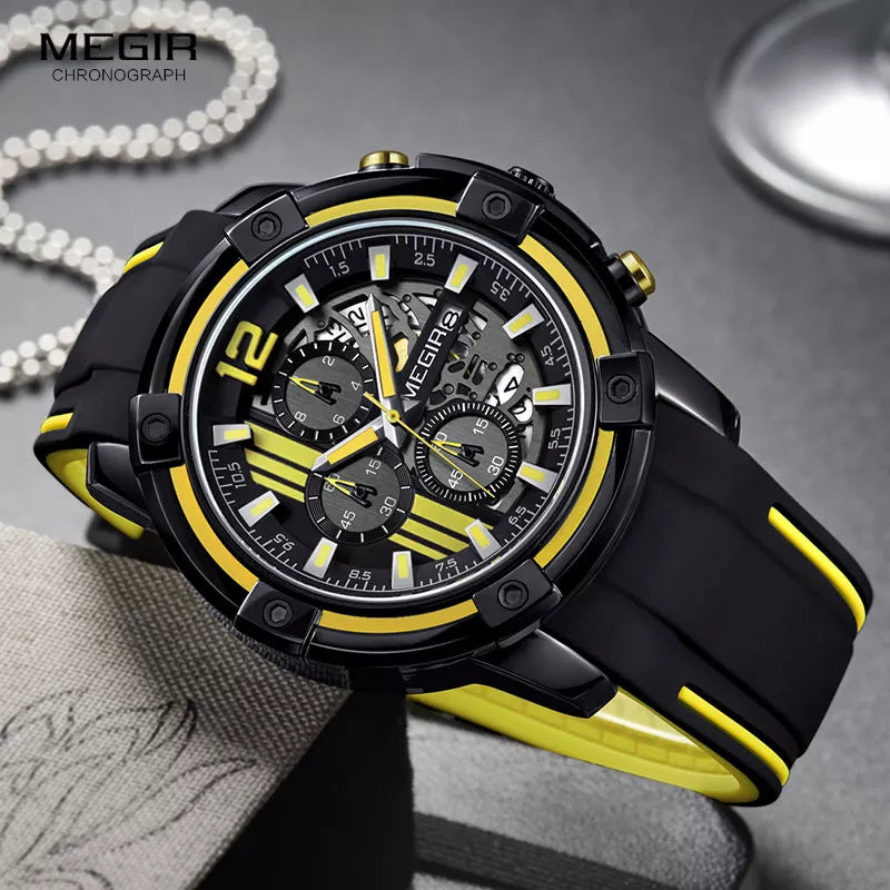 Original MEGIR Men's Black Silicone Strap Quartz Chronograph Sports Wristwatch - Man Gifts Shop