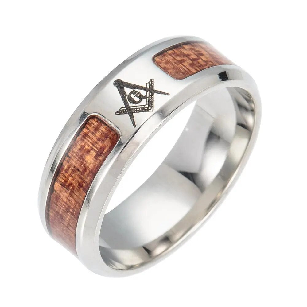 Stainless Steel Viking Runes Amulet Ring with Wood Mosaic Semi-circle Design - Man Gifts Shop