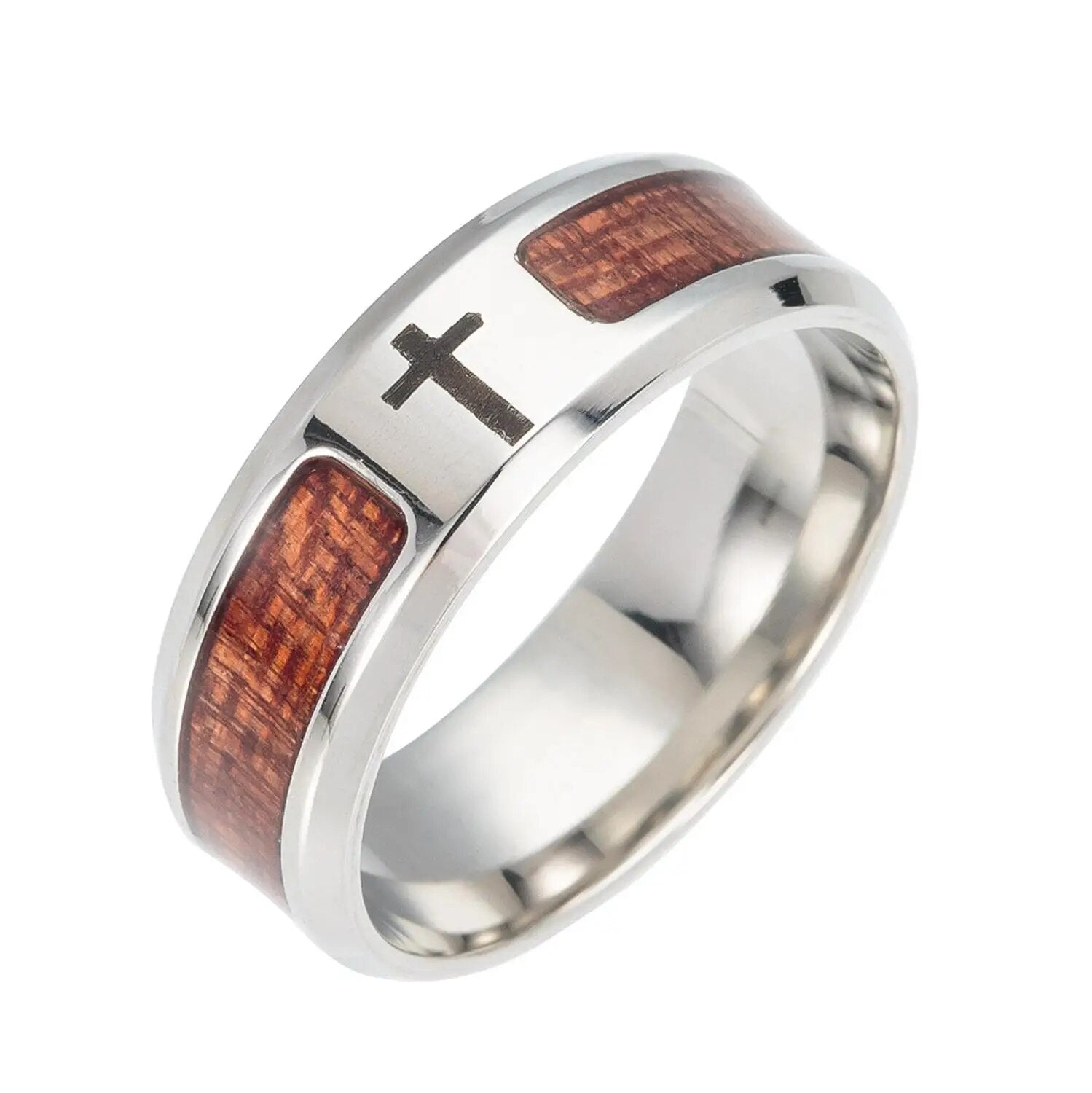 Stainless Steel Viking Runes Amulet Ring with Wood Mosaic Semi-circle Design - Man Gifts Shop