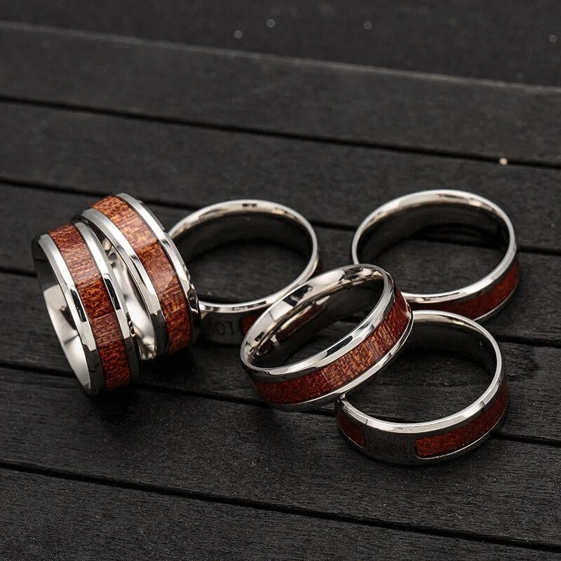 Stainless Steel Viking Runes Amulet Ring with Wood Mosaic Semi-circle Design - Man Gifts Shop